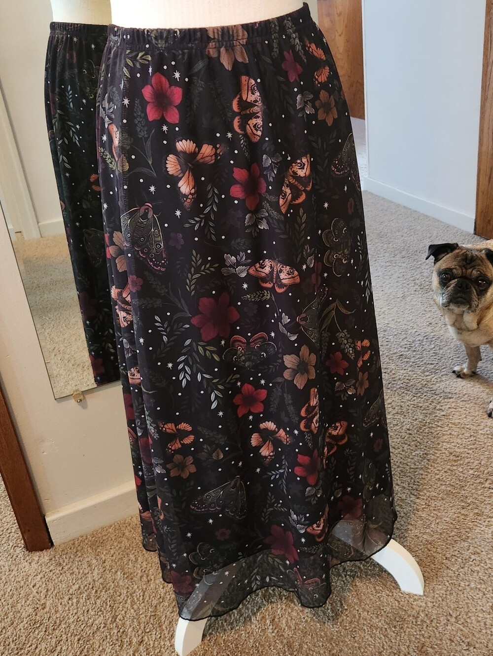 (2 For $25) Floral Moth & Butterfly Black Maxi Skirt